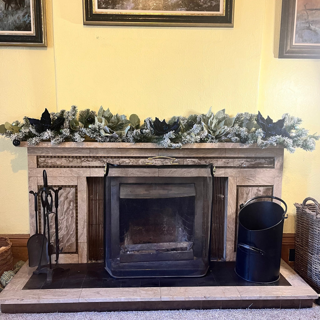 Navy blue and sage green snowy Christmas garland