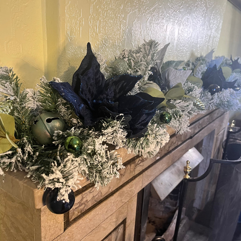 Navy blue and sage green snowy Christmas garland